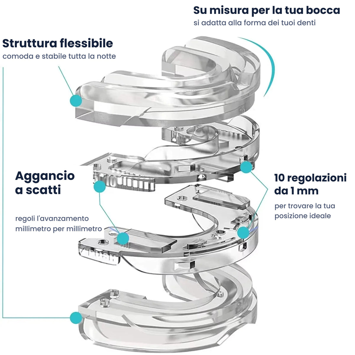 Struttura del bite: due parti con aggancio a scatti e 10 regolazioni da 1 mm