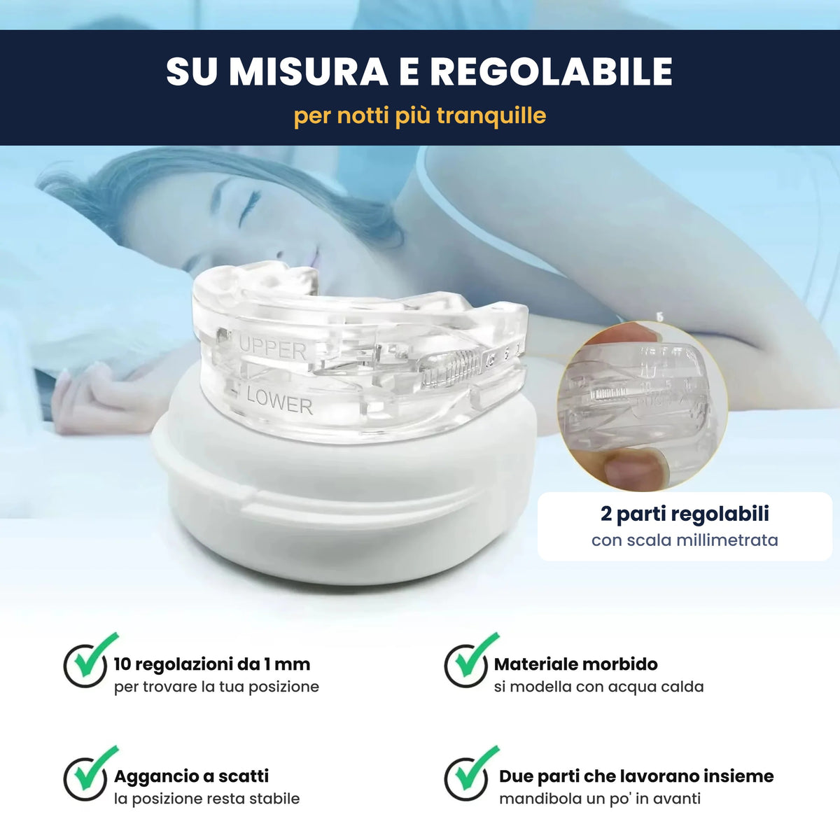 Bite su misura e regolabile: materiale morbido, aggancio a scatti